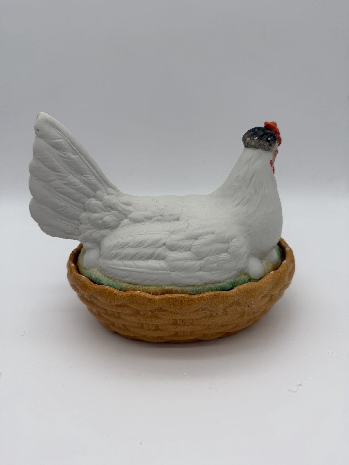 Antique Staffordshire Bisque Porcelain Hen Chicken on Nest Bowl Box Eggs England