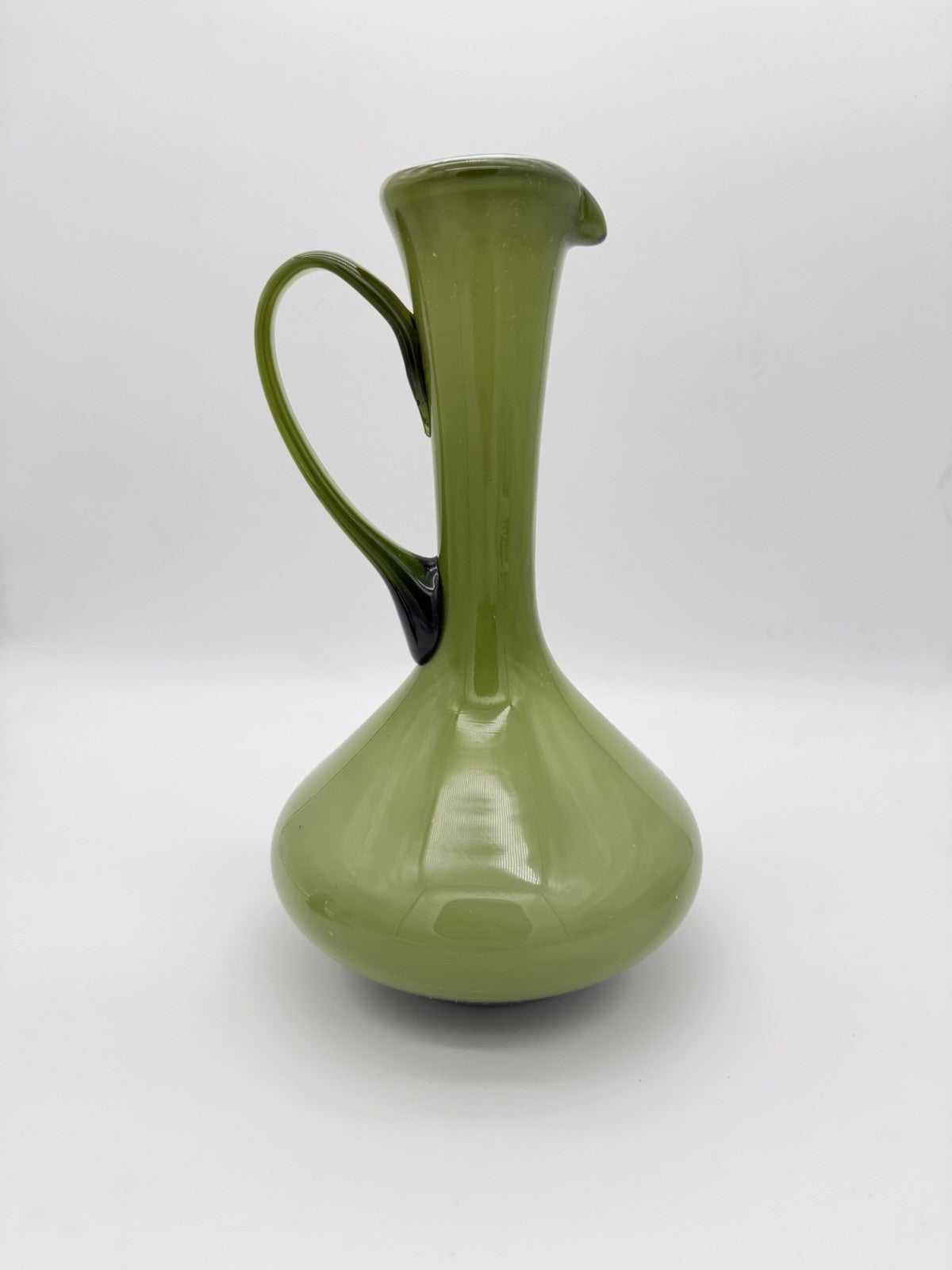 MCM Empoli Italy Olive Green Cased Art Glass Ewer Pitcher Wine Bottle Italy 12”