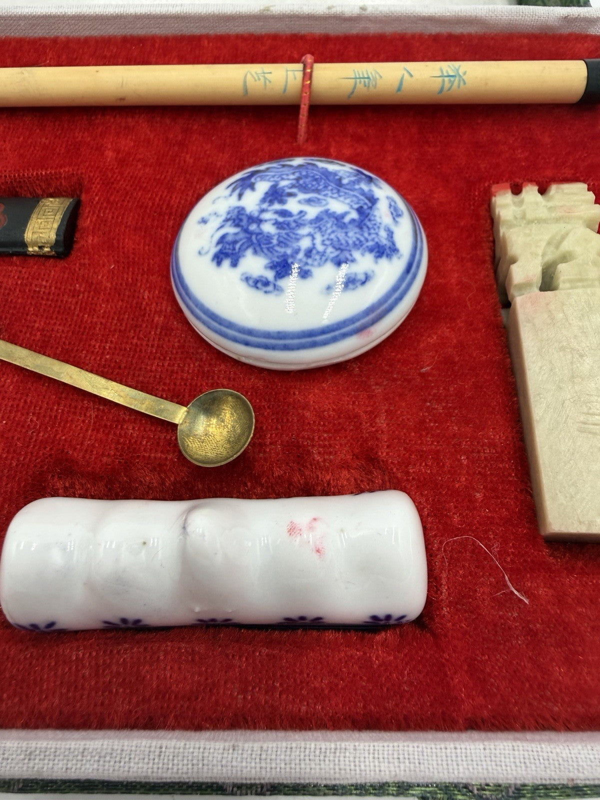 Vintage CHINESE CALLIGRAPHY BRUSH PEN INK WRITING STATIONARY BOX SET