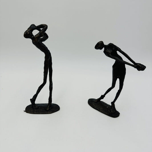 Pair of Bronze Golfer Statues Brutalist Style Abstract Sculpture Golf Vintage