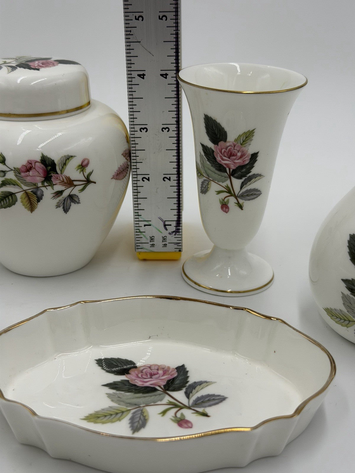 Wedgwood Bone China England Hathaway Rose Lot 7 PCs Vases Trinket Tray