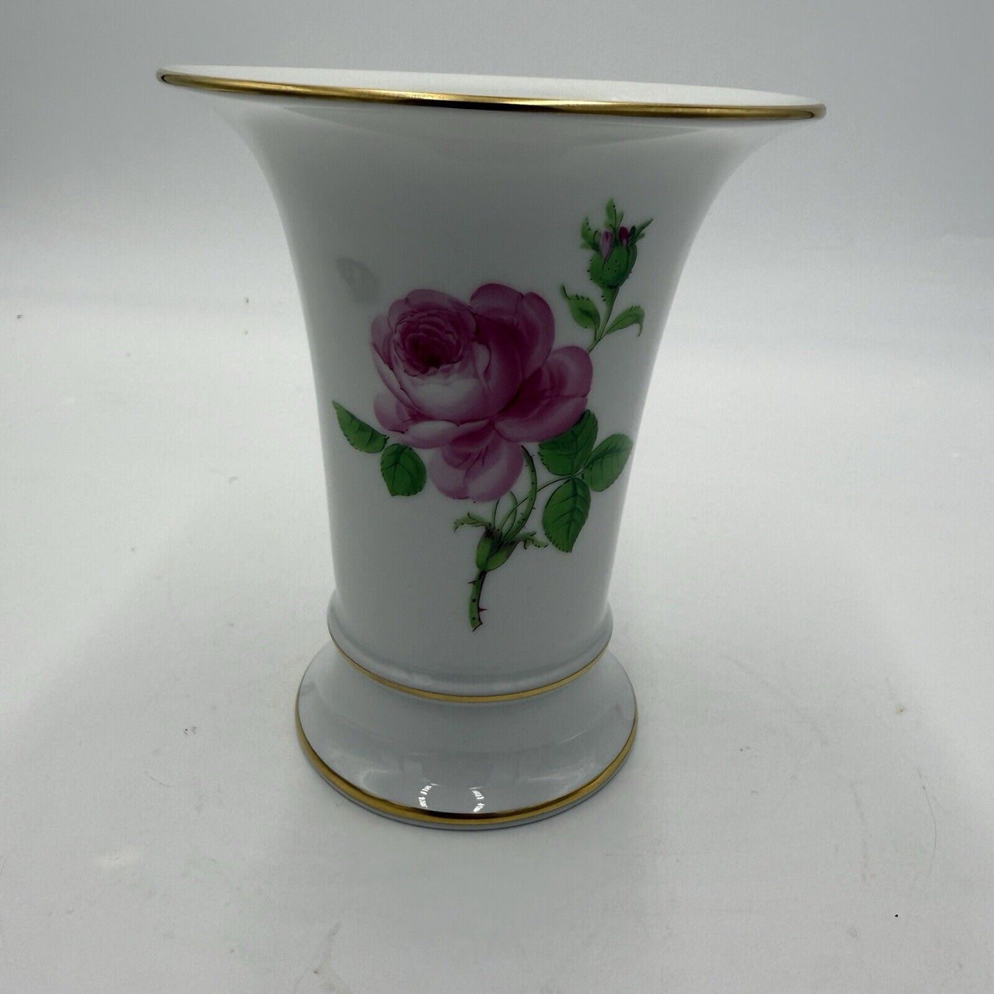 Antique Meissen Vase Pink Rose Trumpet Shaped Painted 5.5” Gold Rim Porcelain