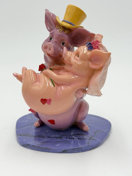 Vtg Pig Invasion Bride & Groom Cake Topper  Pigs Figurine Bringing Home Bacon 4”