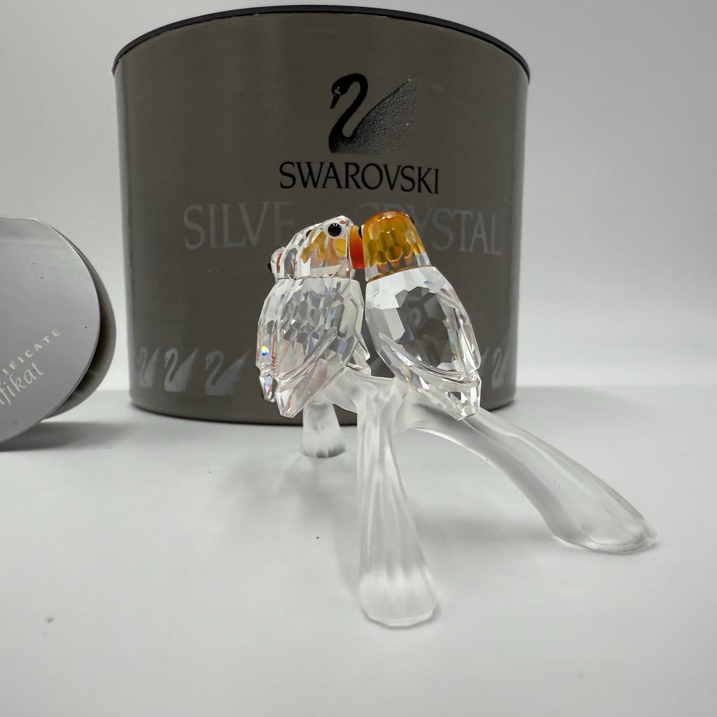 Swarovski Crystal Baby Lovebirds On a Branch  Figurine Austria Box /COA