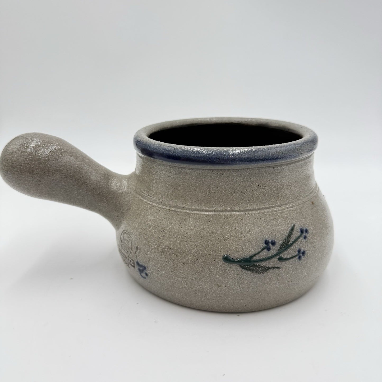 Rowe Pottery Works Salt Glazed Soup Crock Bowl Salt Glaze Blue Floral Design 9in