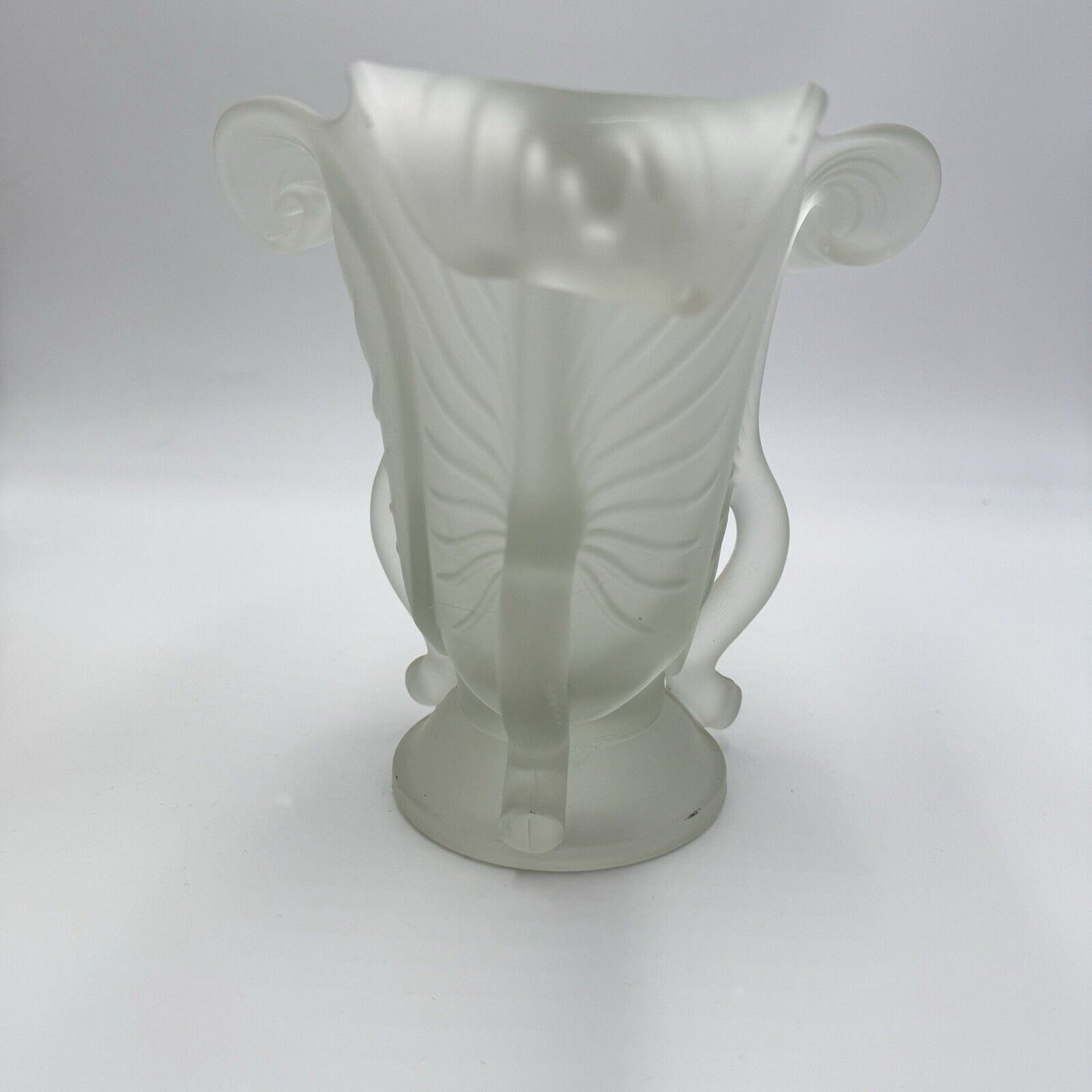 MCM Frosted Satin Art Glass 3 Leaf Pedestal ART NOUVEAU 3 Handle VASE 7” H