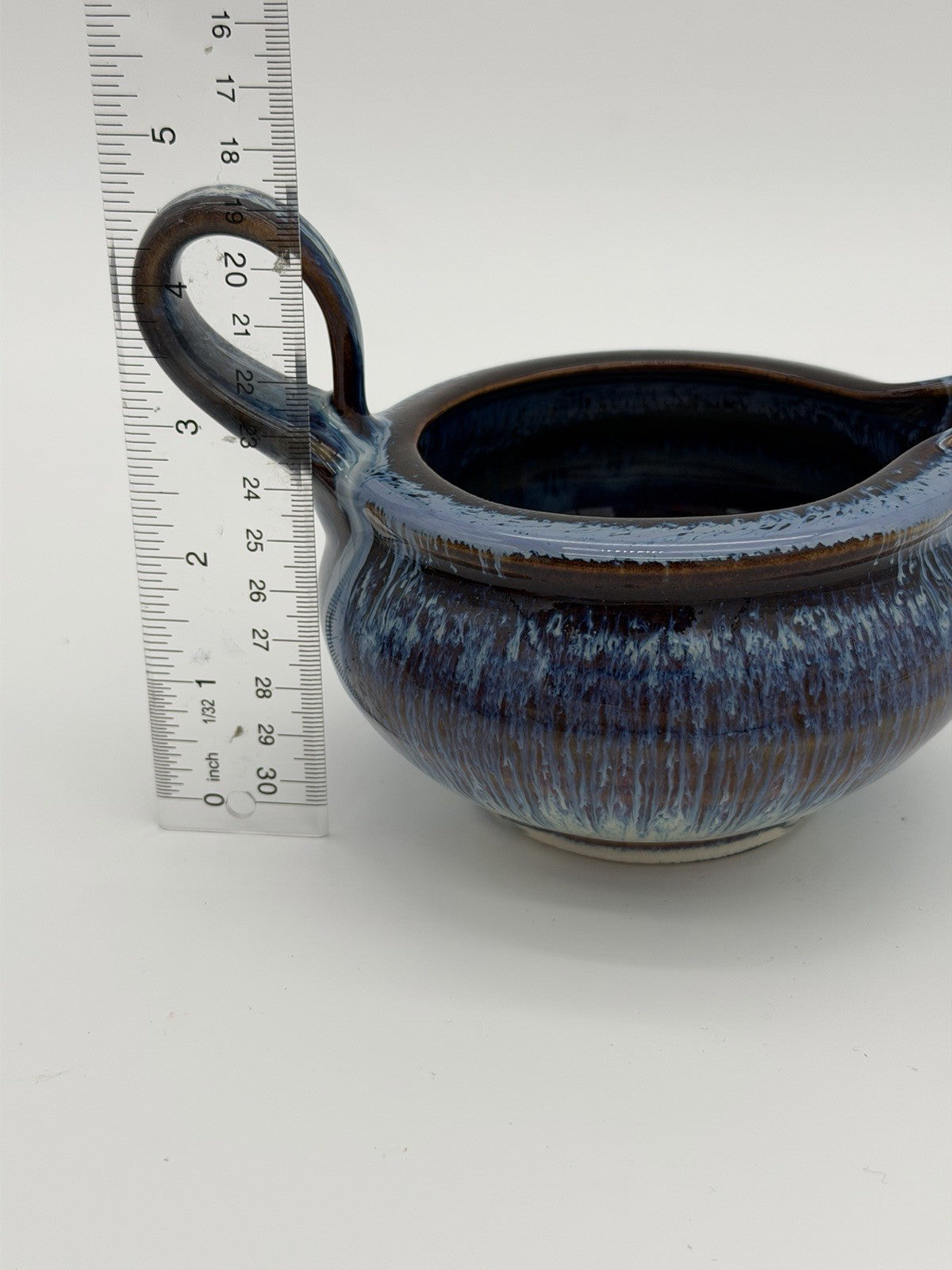 Bill Campbell Studio Art Pottery Gravy Sauce Boat  Brown Blue Drip Glaze 4.5”x6”