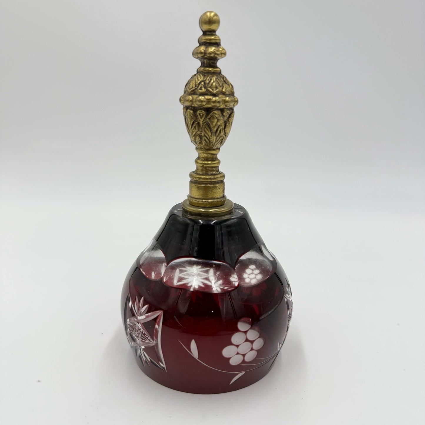 Vtg Ruby Red Art Cut Glass Crystal Bell Ornate Gold Tone Brass Handle Poland