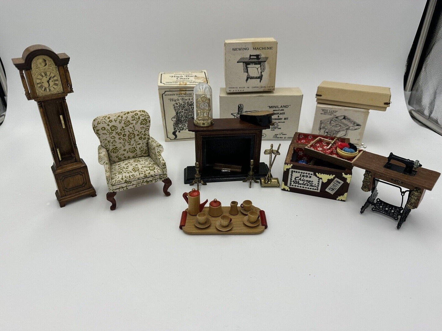 Dollhouse Furniture Lot Clock Sewing Machine Land Chest Fireplace Chair Vintage