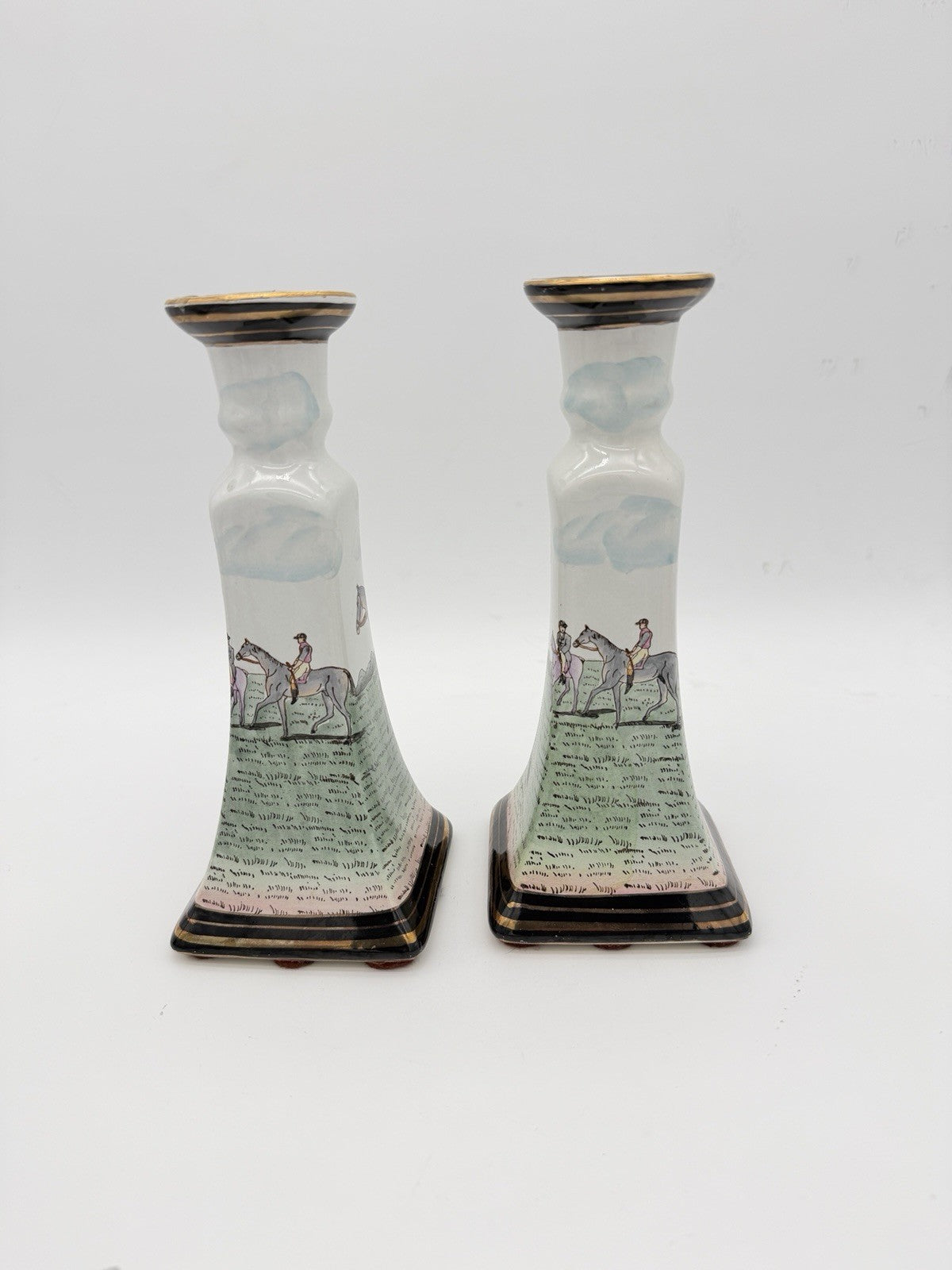 Vintage Chinese Equestrian Hand-Painted Porcelain Candle Holder by Nieman Marcus