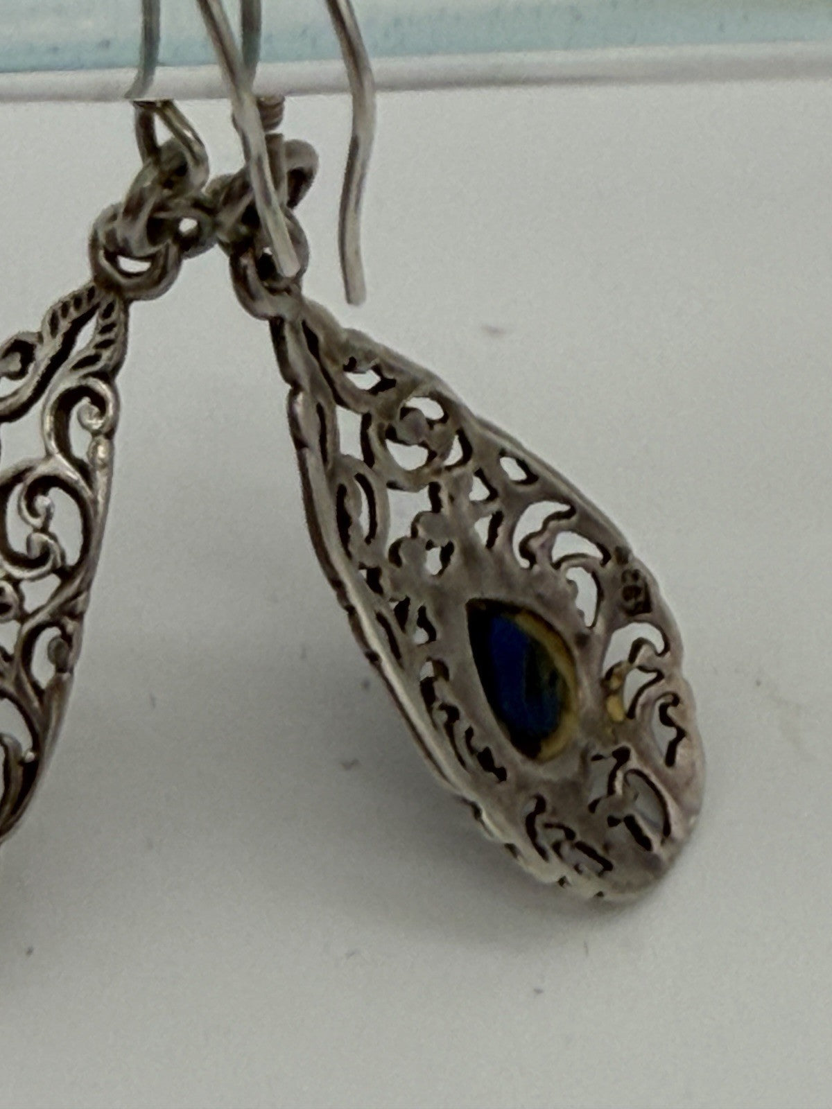 Sterling Silver Filigree with Blue Accent Stone Dangle Earrings