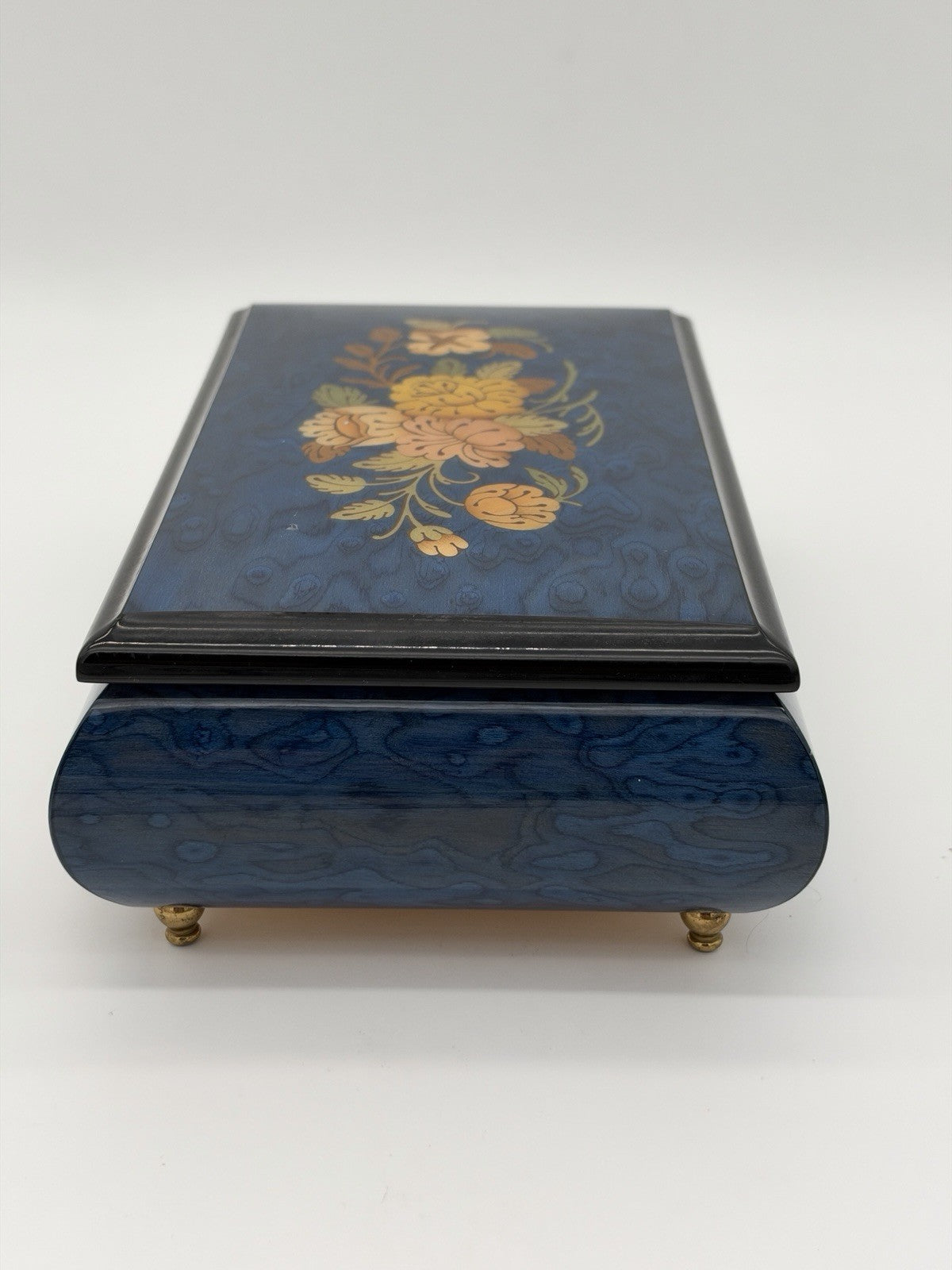 Sorrento Italy Blue Floral Inlay Wooden Music Box Plays Memorie Cats Works