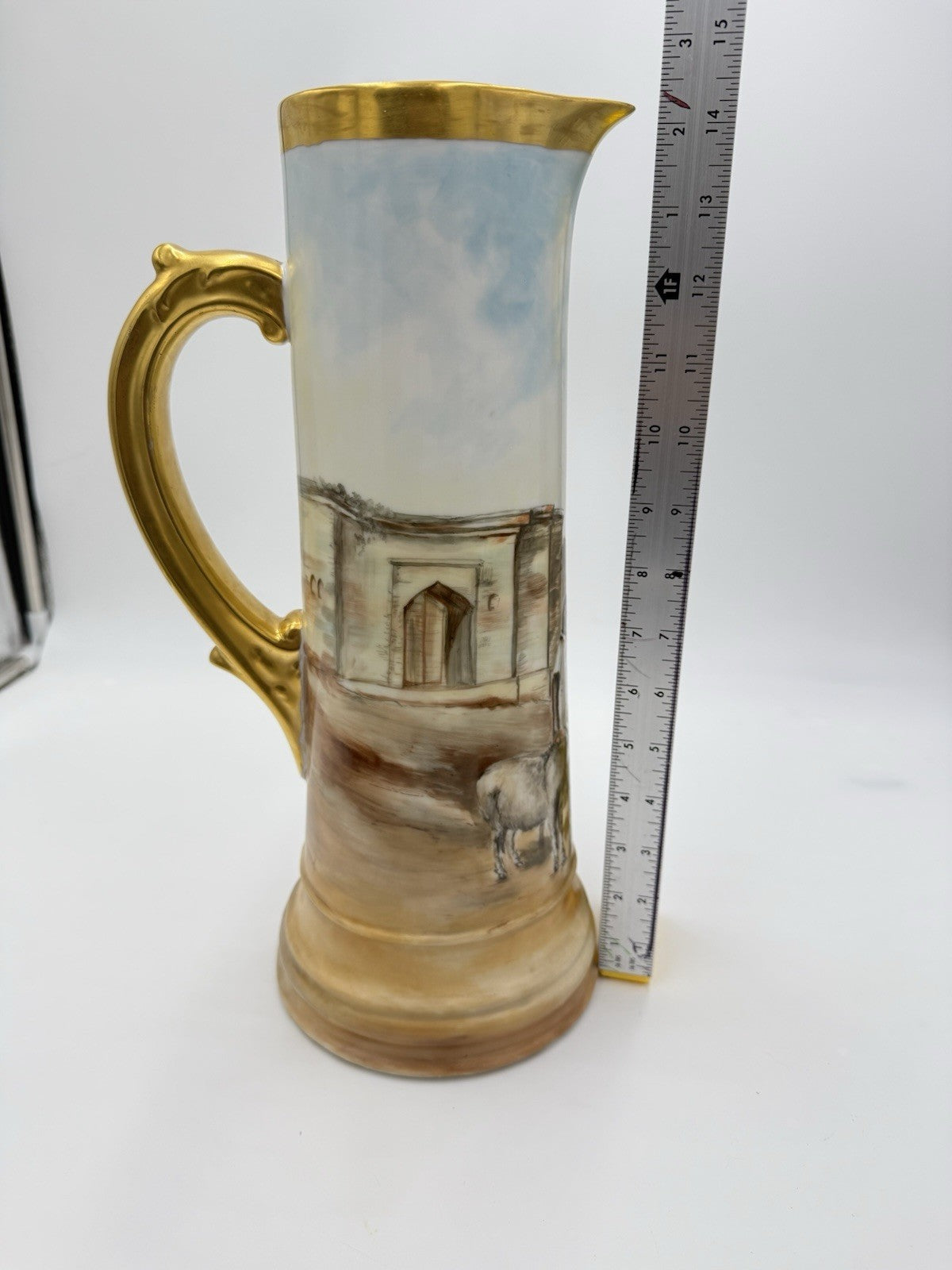 T&V Limoges France Hand Painted Pitcher Signed By Woodrow 1899 14.5” Donkey