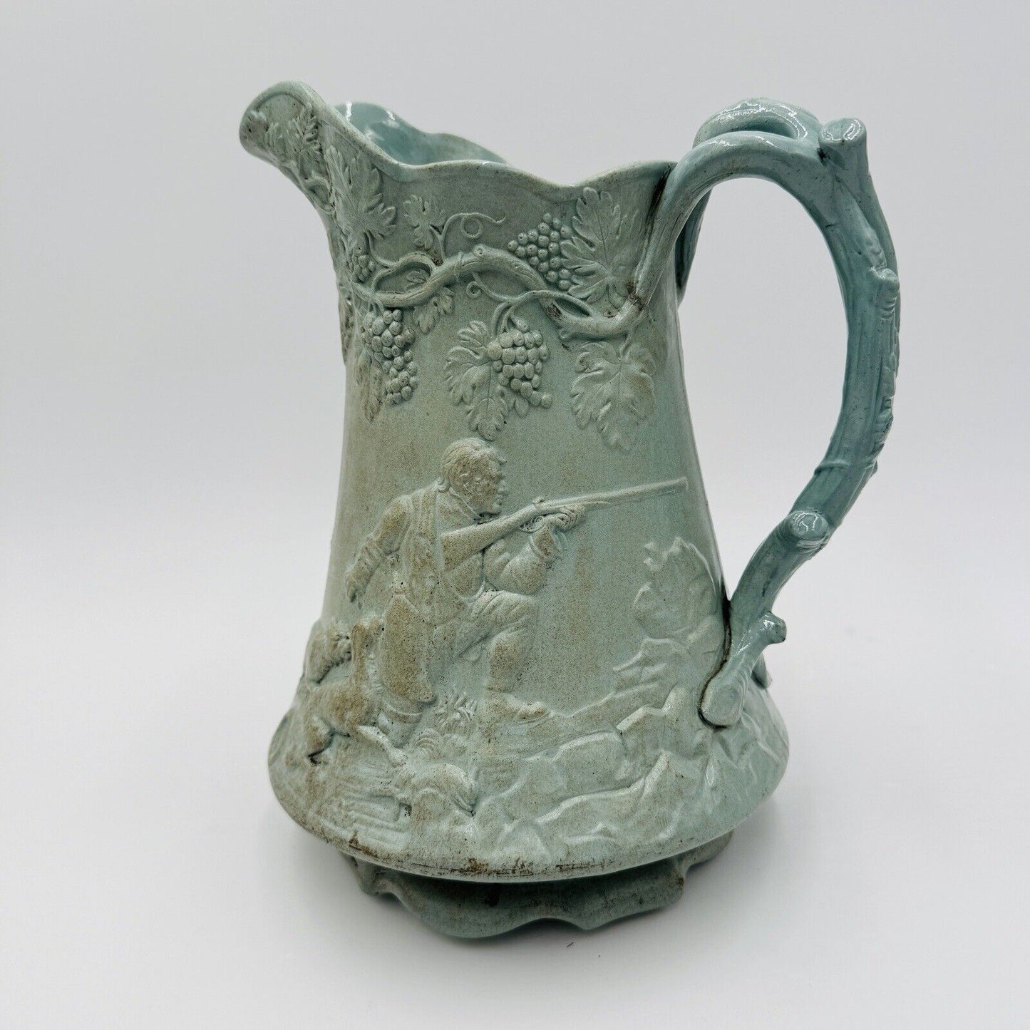 Parian Ware Relief Jug Pitcher Large Green Pottery Embossed Grapes Antique