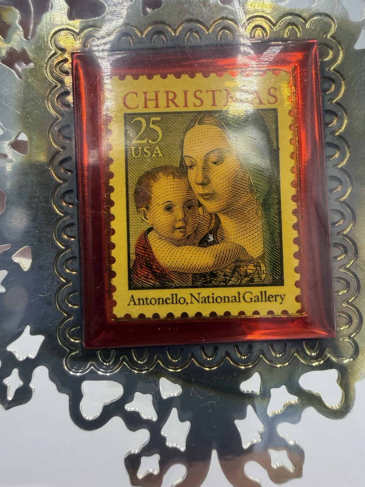1990 USPS Stamp Ornament Madonna W/baby Silver Christmas Sealed Límited Edition