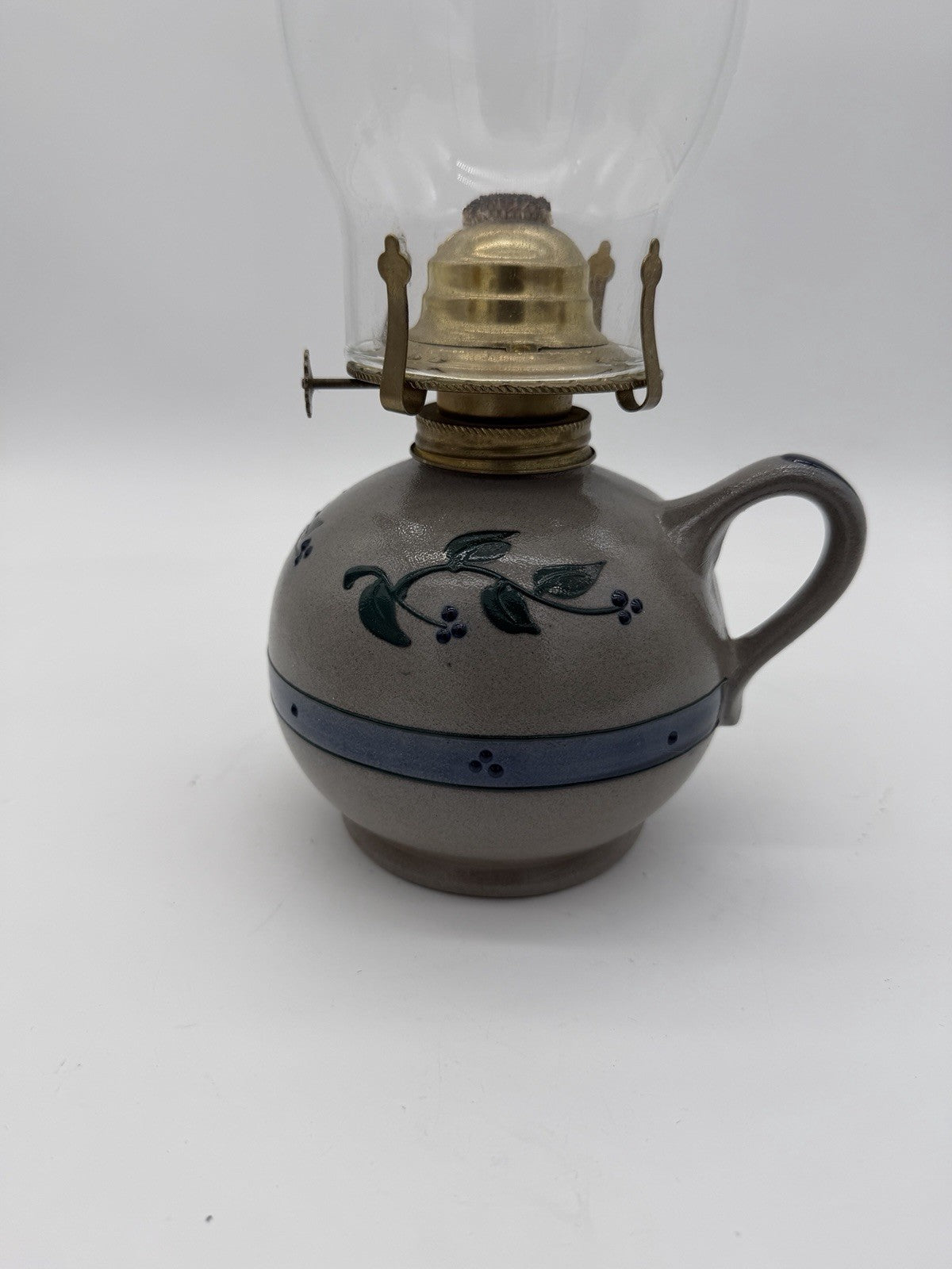 Rare Rowe Pottery Works Salt Glazed USA Oil Lamp Floral Pattern Painted 15”