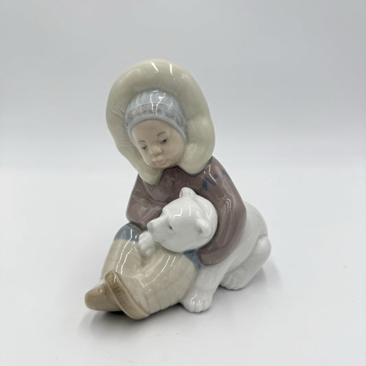 LLADRO Spain Porcelain Eskimo Inuit Boy playing  With Polar Bear Cub Figurine