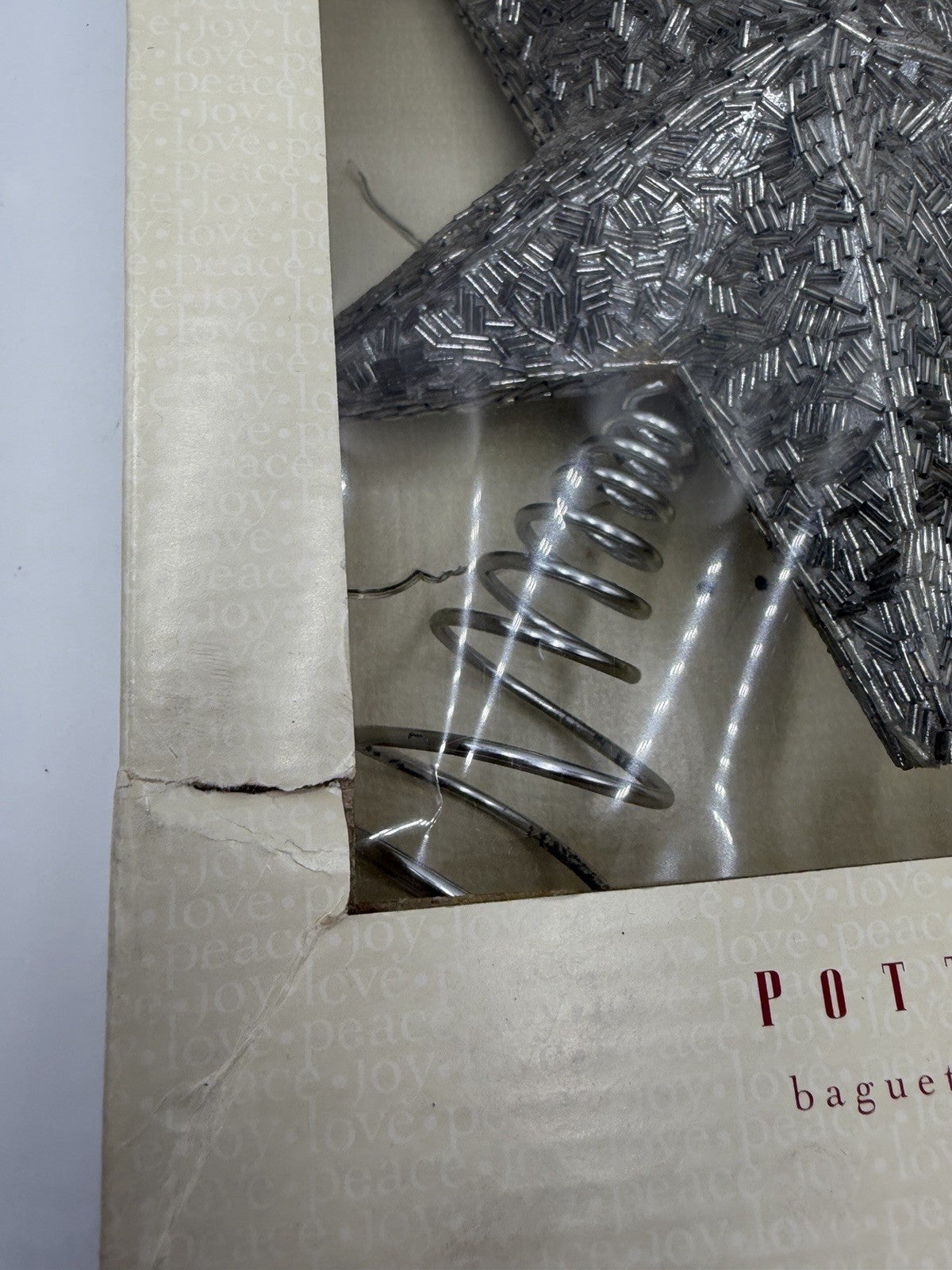 Pottery Barn Baguette Bead Tree Topper Silver Tone Christmas Star Rare Boxed 10”