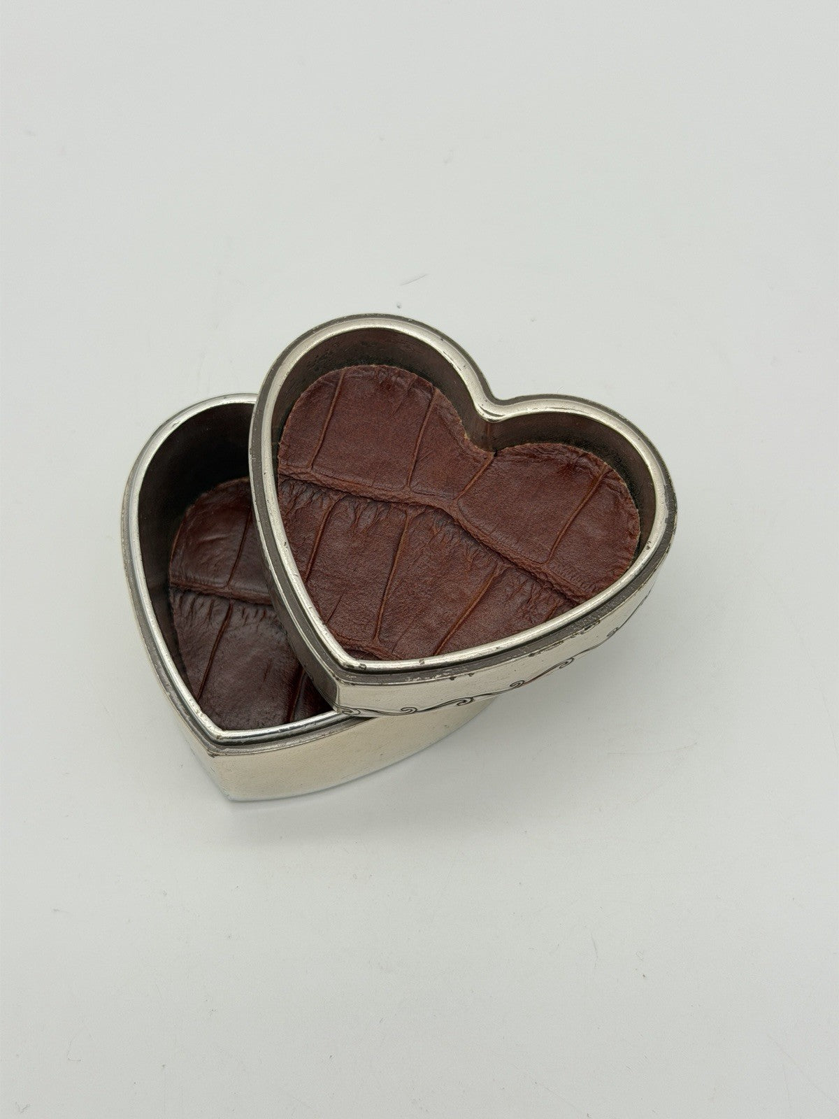 Vintage Brighton Silver Tone Trinket Box Heart Shape Leather Accents Jewelry Box