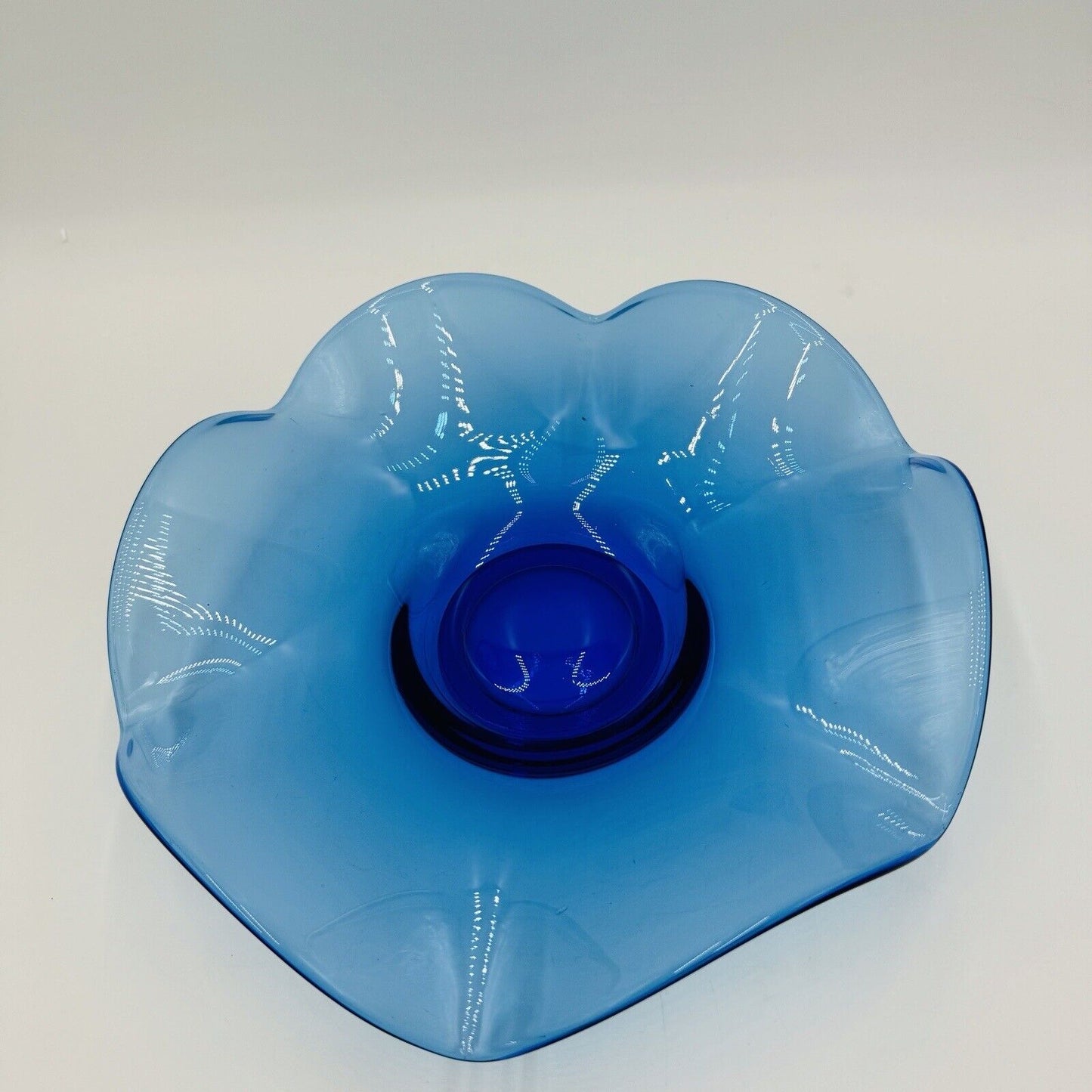 Viking Art Glass Bluenique Blue Ruffled 6 Petals Bowl 3in x 12in Rare MCM