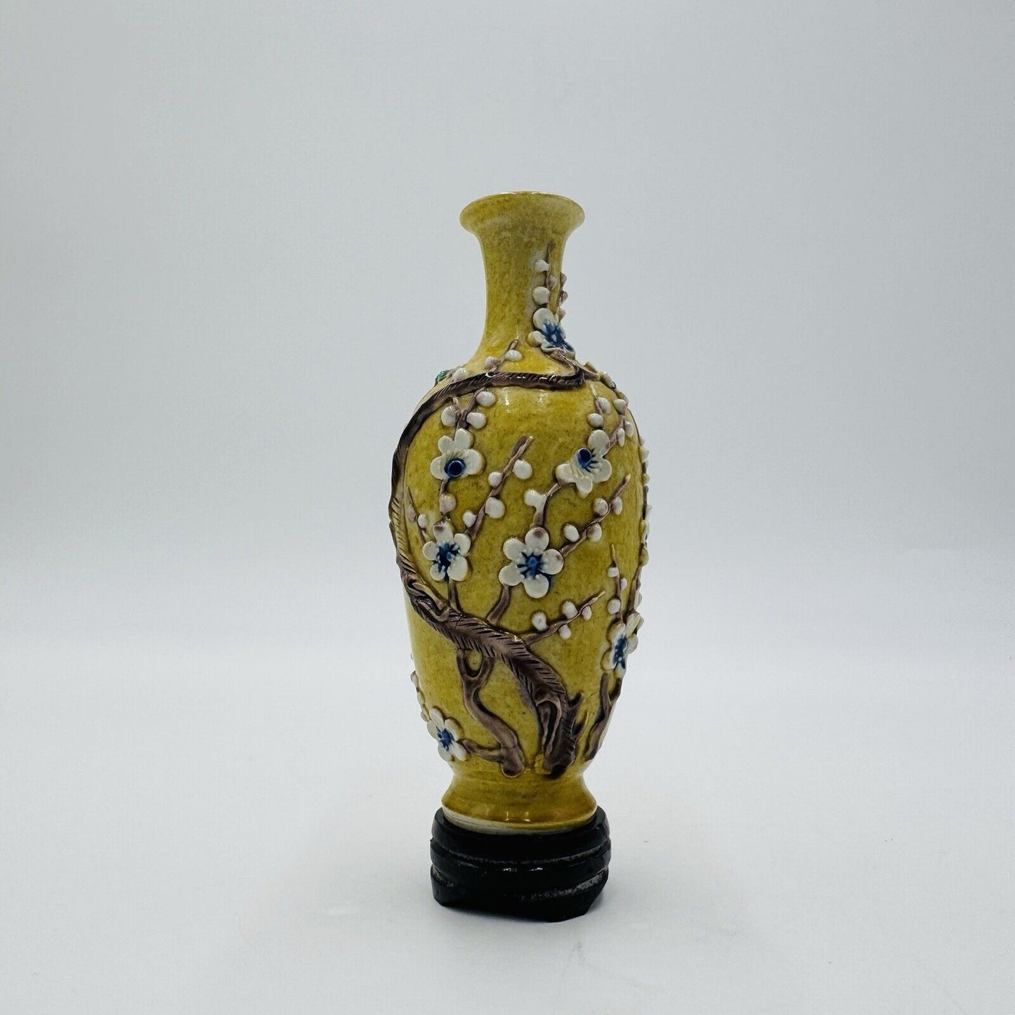 Antique Chinese Yellow Qing Dynasty Plum Blossoms Floral Mini Vase 5”