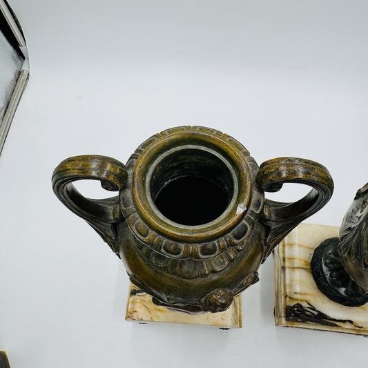 French metal vases rare 1800s Chateau ornate chimney cherubs marble base 13.5in