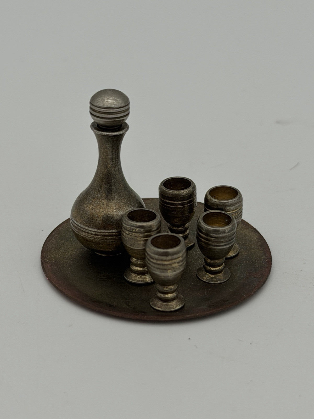 Vintage Dollhouse Miniature Brass 7pc Wine Set Tray Mini Goblets & Decanter 1:12