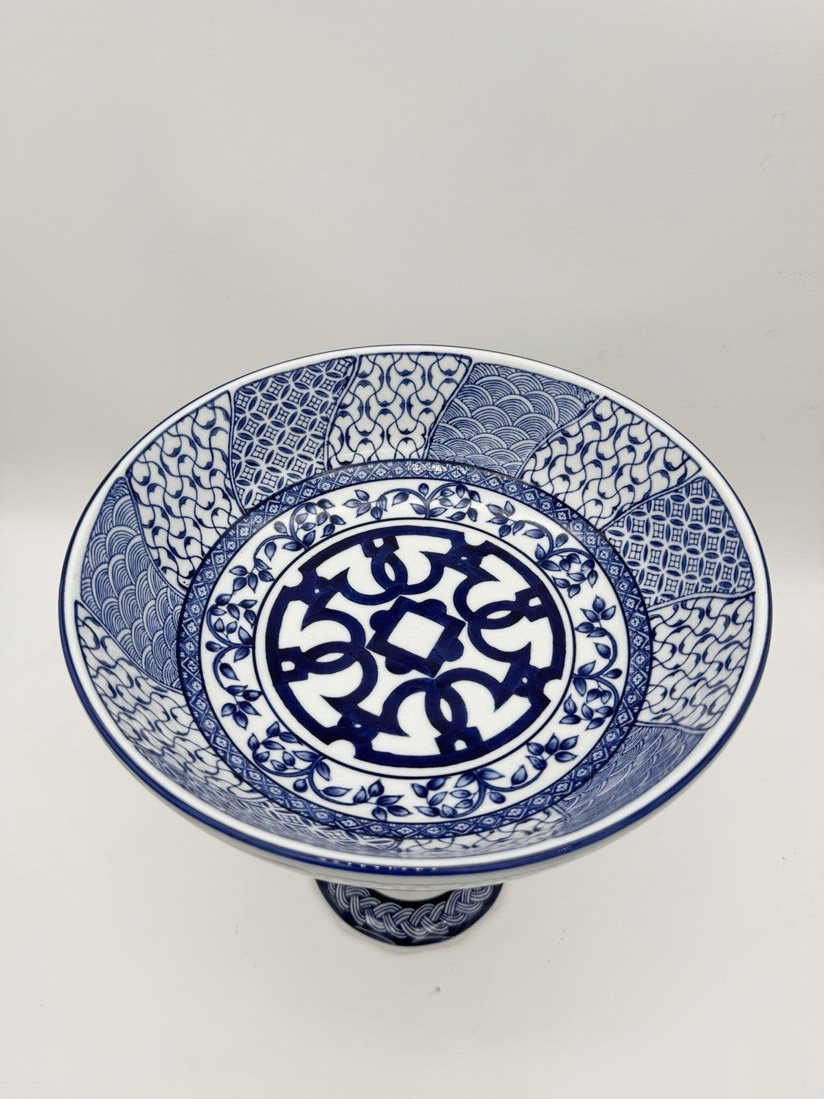 Bombay Company Blue & White Porcelain Compote Pedestal Bowl Footed 12”H X11”w