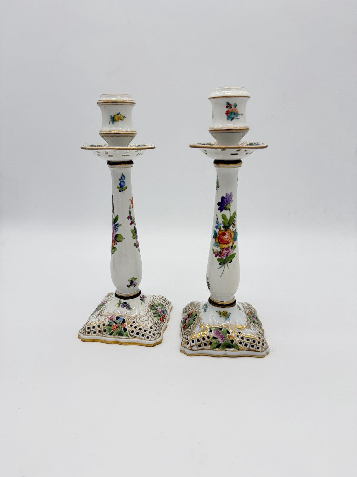 Antique  Dresden Porcelain Carl Thieme Saxony Reticulated 10" Candlestick Floral