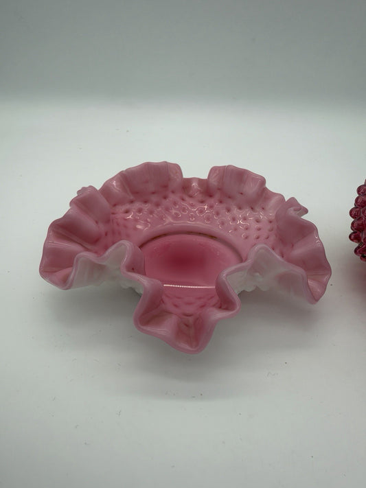Vtg Fenton Art Glass Cranberry Opalescent Hobnail Ruffled Bowl & Pitcher