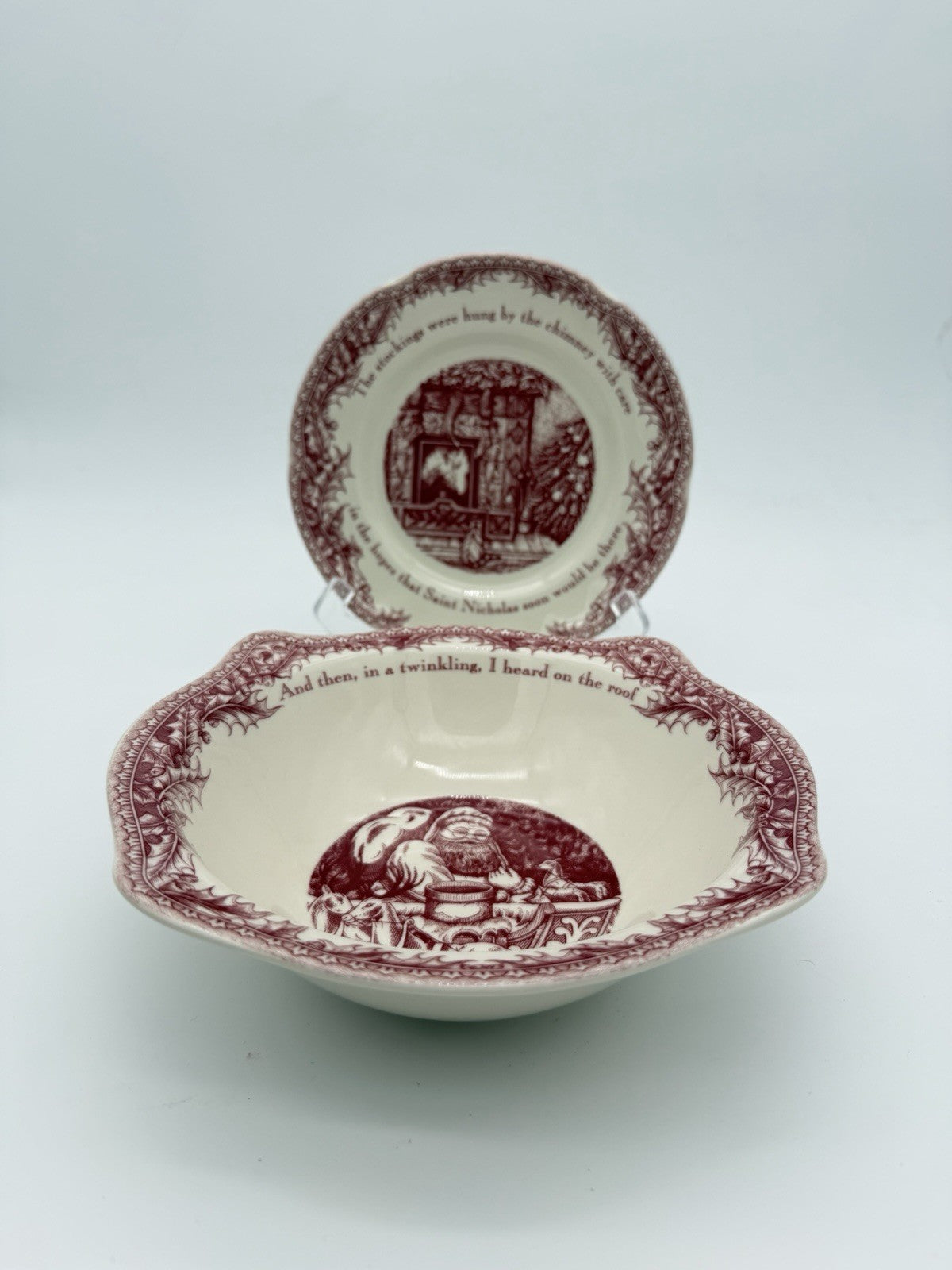 Johnson Brothers England Porcelain Twas The Night Dessert Plate & Bowl Set Red