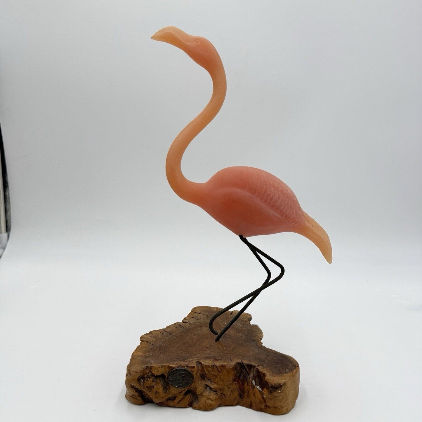 Vtg John Perry Pink Flamingo On Burl Wood Sculpture Nautical Decor Large 12”