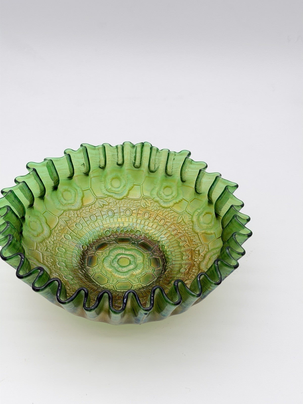 Fenton Art Glass Carnival Green Iridescent Persian Medallion Bowl 2.5”Hx7” Antiq