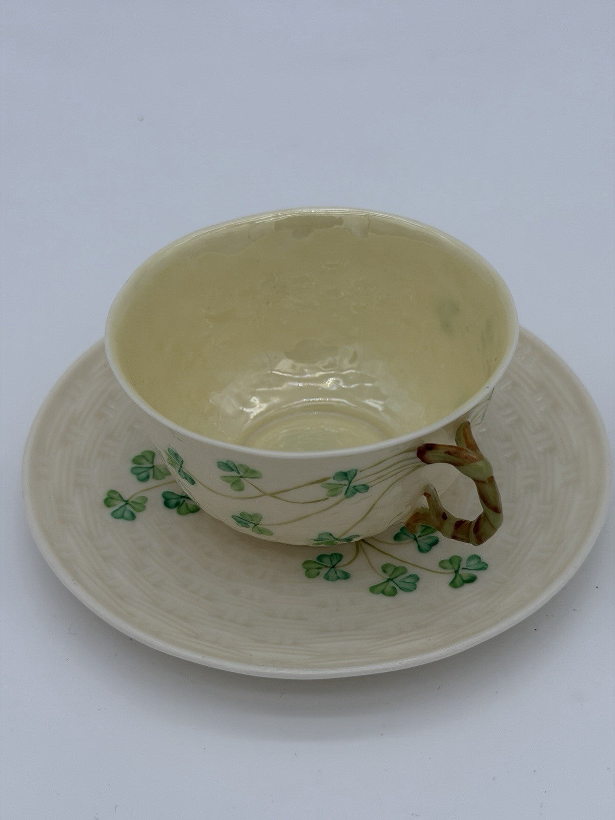 Belleek Ireland Porcelain 2ND GRN/1955 Shamrock Beige Saucer & Teacup Set