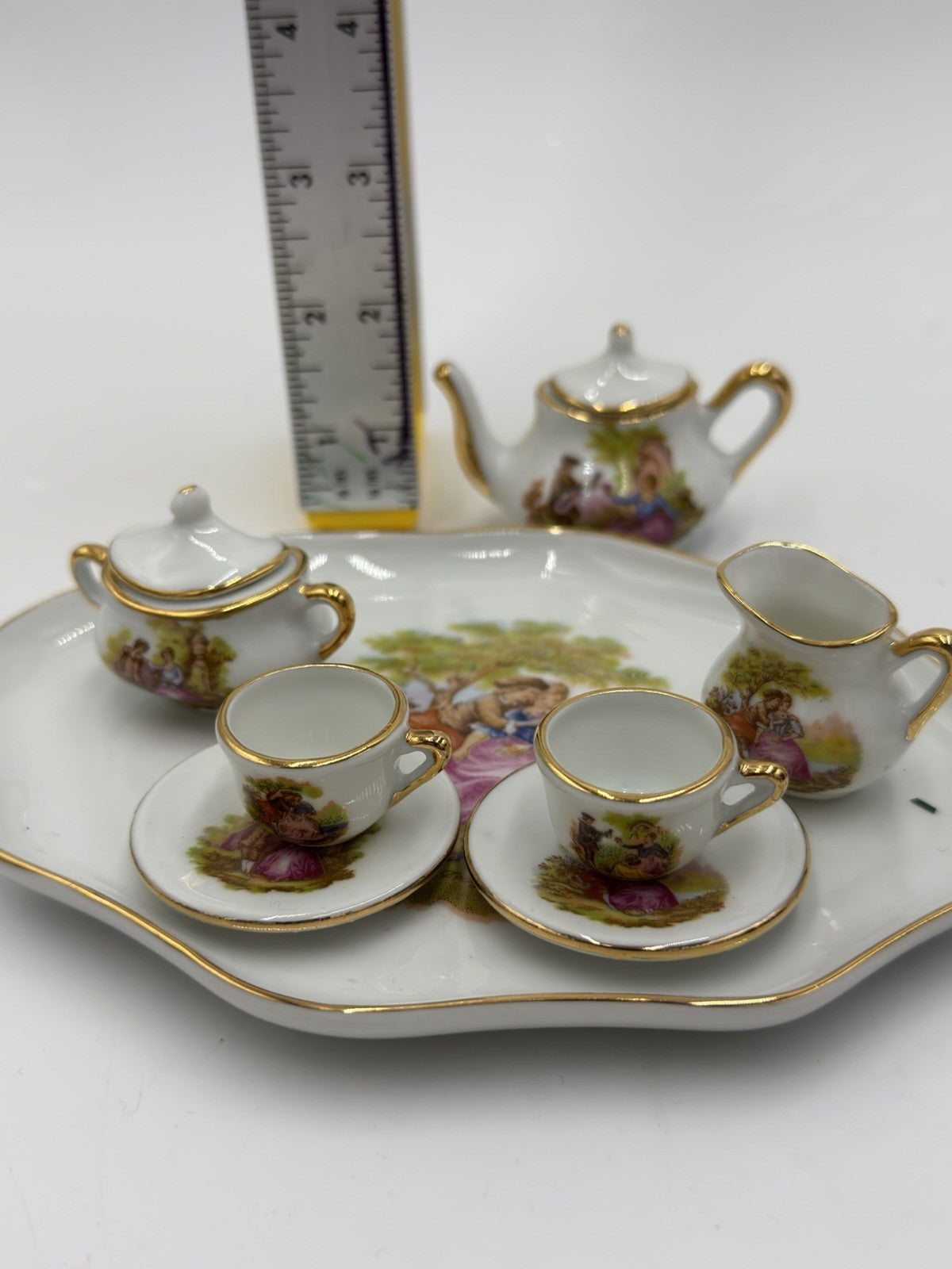 EME porcelain Spain miniature tea set romantic scene victorian 8 PCs  Dollhouse