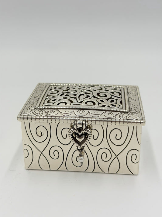 Brighton Lacie Daisy Silver Metal Jewelry Box with Pearl Dangle Enameled Inside