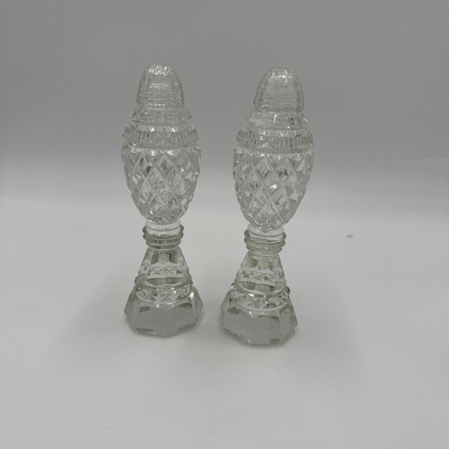 Antique Bohemian Czech Cut Glass Pedestal Salt & Pepper Shakers 6in H