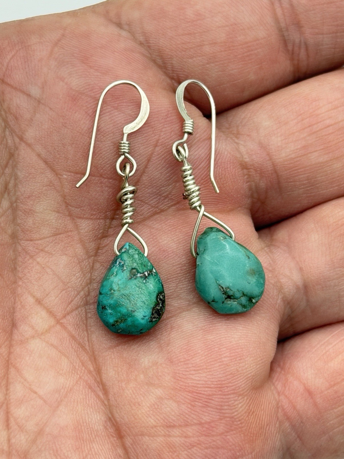 Native Blue Turquoise Nugget Sterling Silver Beads Earrings 1" Women Jewelry