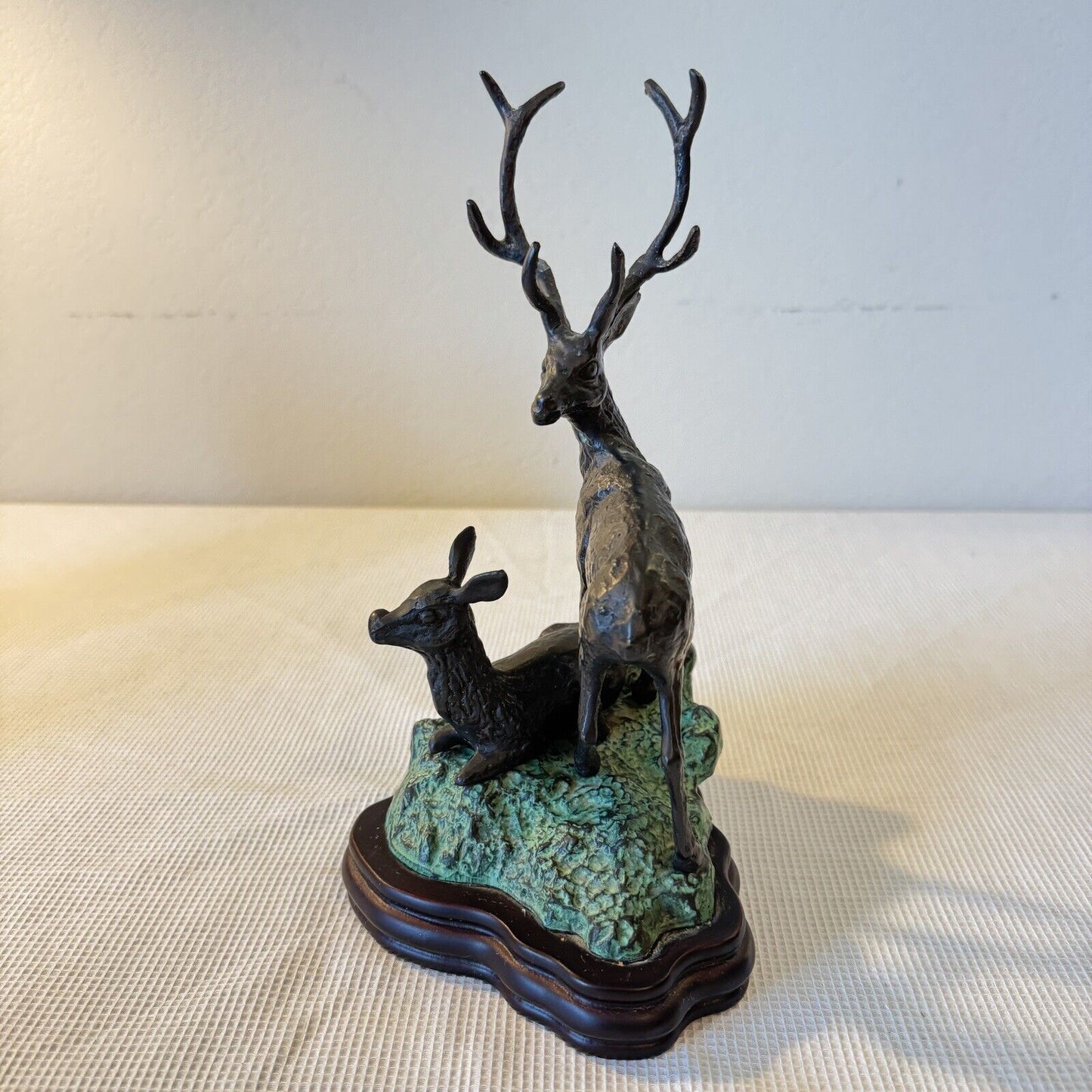 Bronze Sculpture Deer Stag Buck with Doe on Wood Base 10in Tall Natural Pose