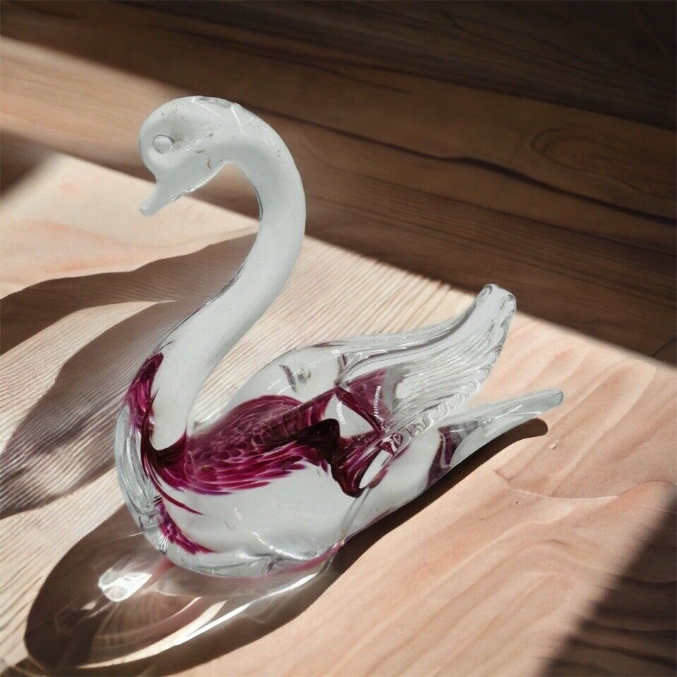 Swedish Granna Swan Glass Art Figurine Pink 5in Hand Blown Hand Made Vintage