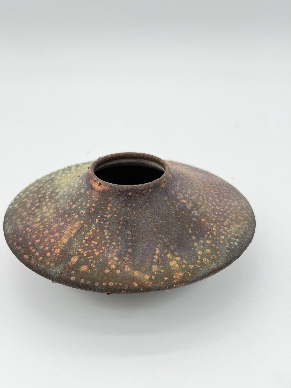 Rare Norman Bacon Raku Glazed Squat Form Studio Art Pottery 2”x5” Vase Signed