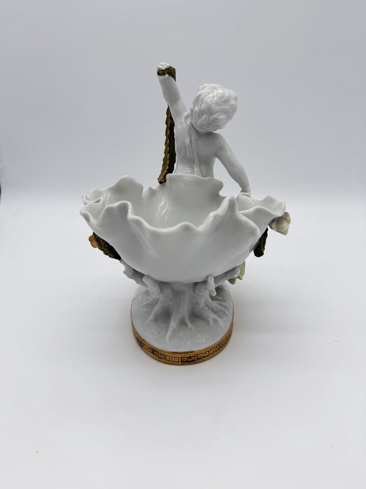 Antique Moore Bros White/Gold Trim Orchid Porcelain Putti Cherub Bowl Sculpture
