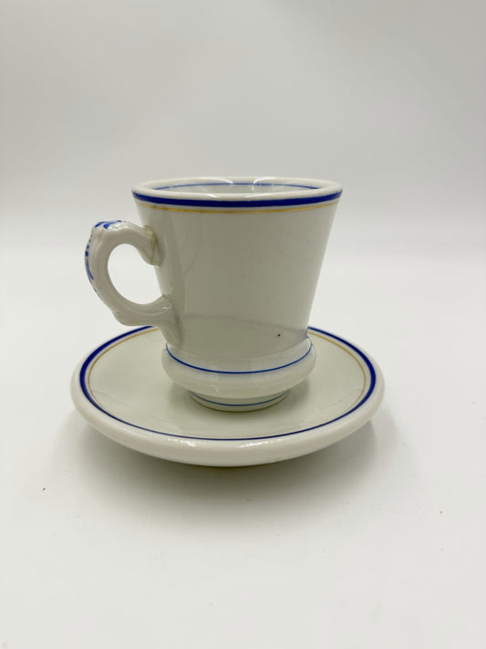 Antique French Brûlot coffee cup and saucer Porcelain White Blue Rim 1920's