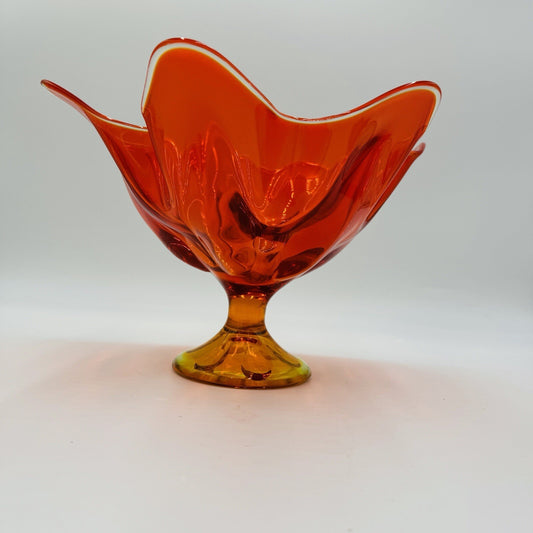 Viking Art Glass MCM Footed Amberina Orange Compote Epic 6 Petals Bowl 7.5”x 11"