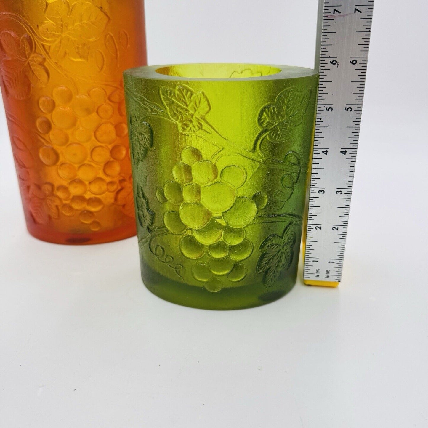 MCM Sascha Brastoff Candle Holder Vase Signed Green Amber Embossed Fruit