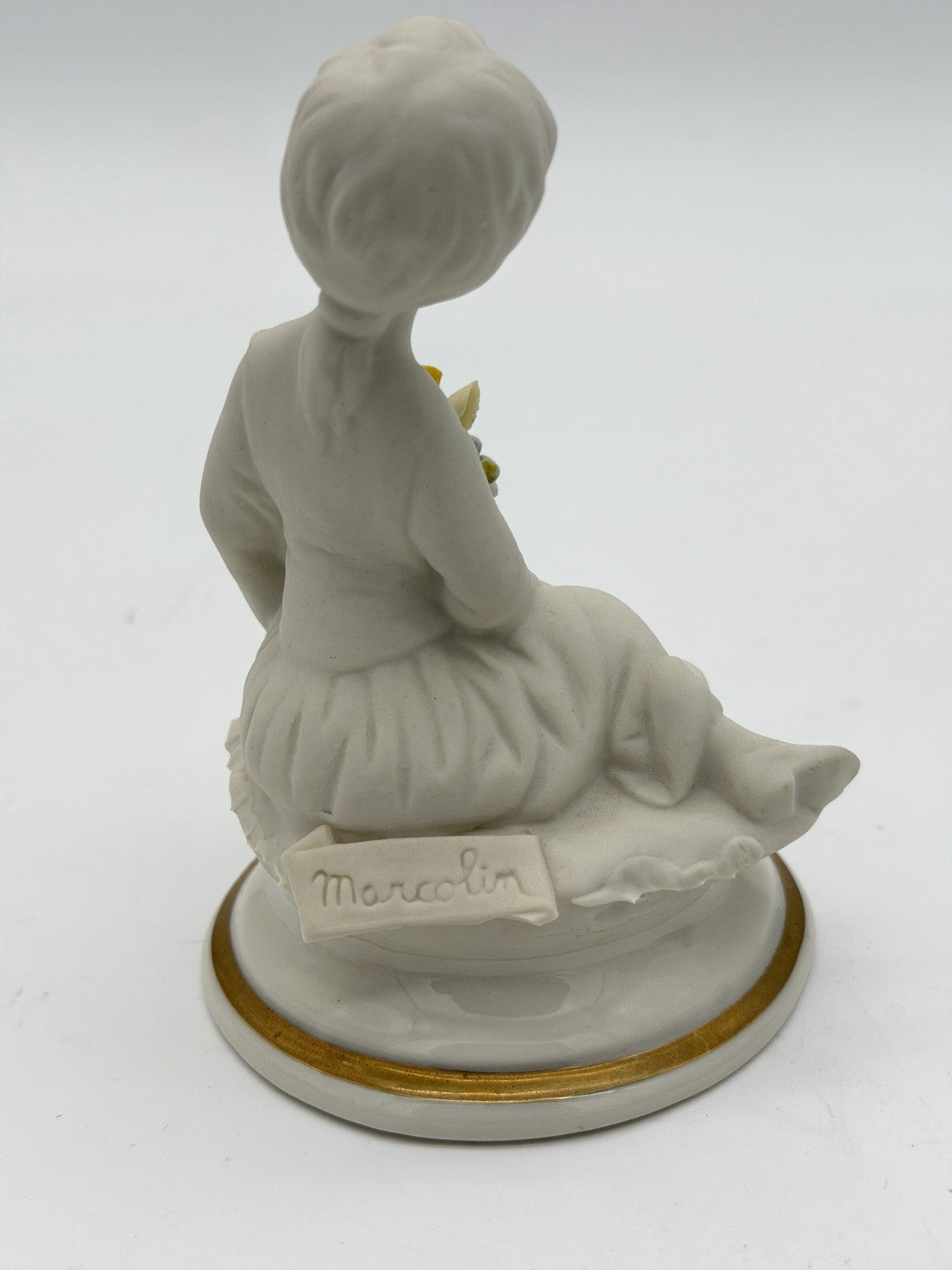 Capodimonte Italy White Bisque Porcelain Signed Marcolin Girl W/flowers Figurine