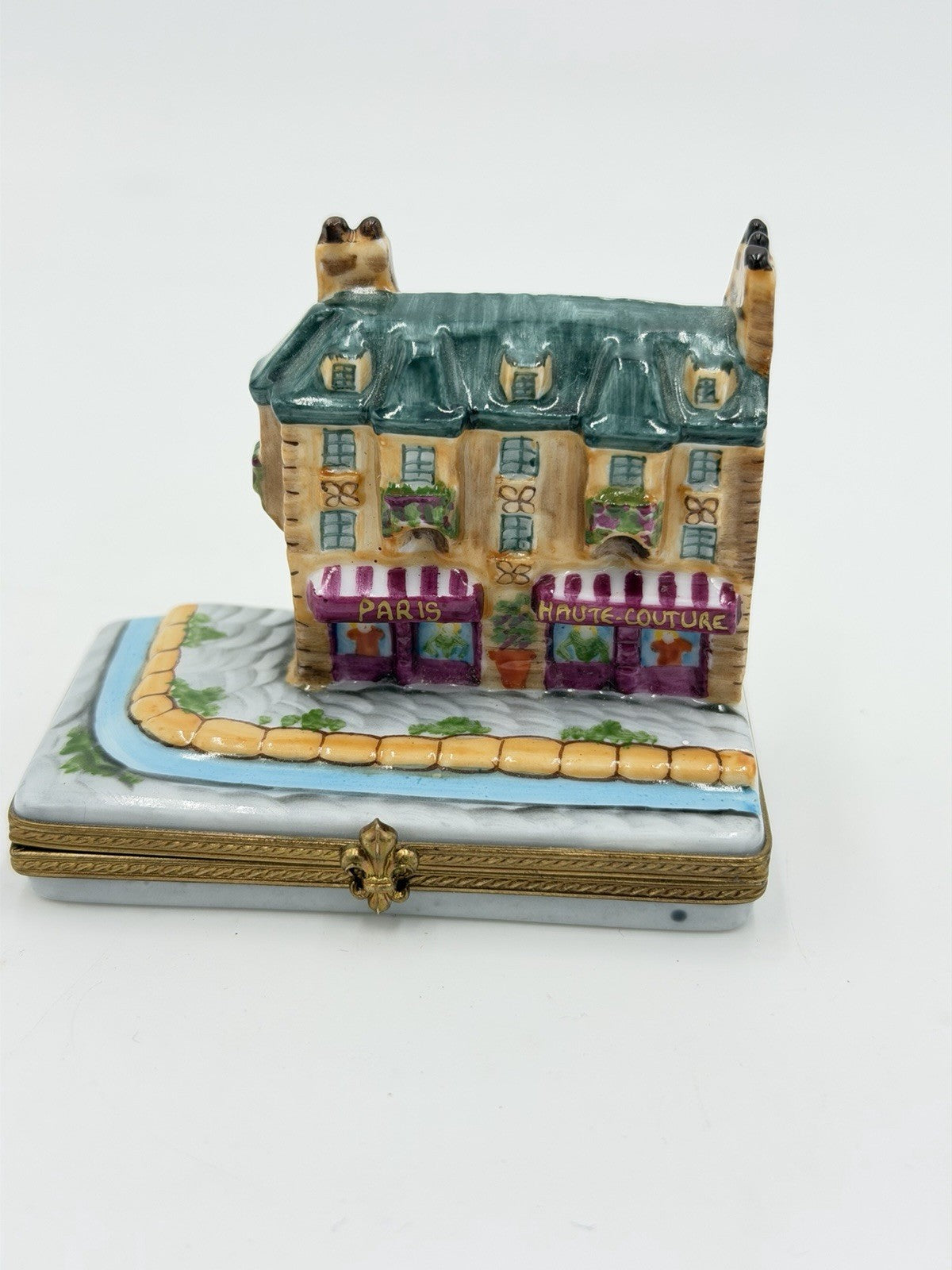 Limoges Porcelain Trinket Box Signed France Paris Street with Shops & Apartments