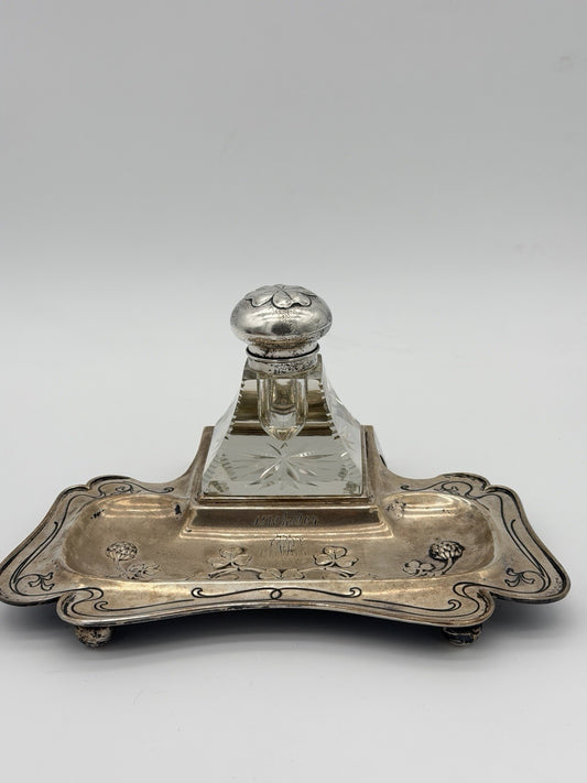 Antique Brass Art Nouveau Writing Desk  w/ Cut Glass Inkwell Embossed Shamrock