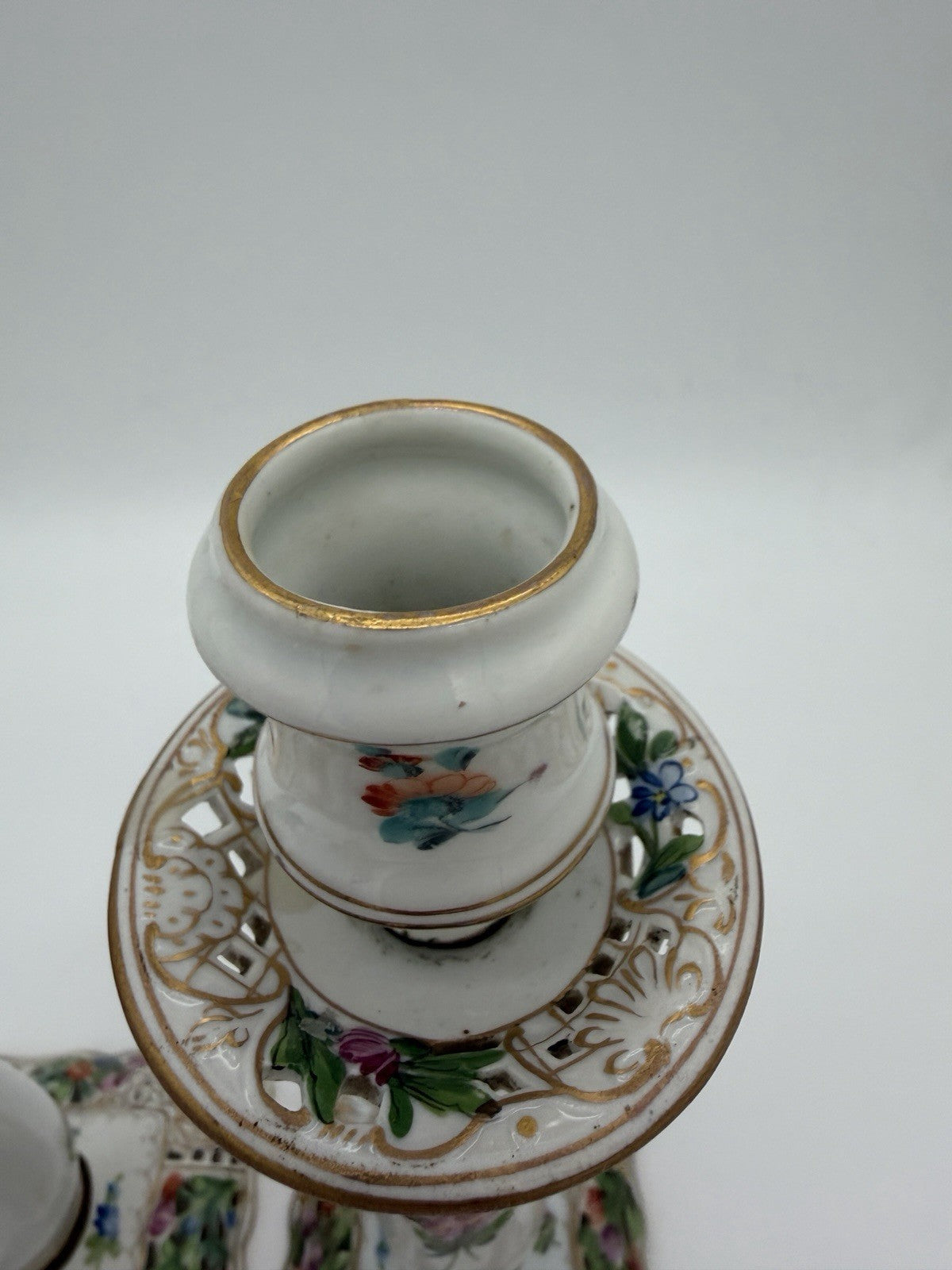 Antique  Dresden Porcelain Carl Thieme Saxony Reticulated 10" Candlestick Floral