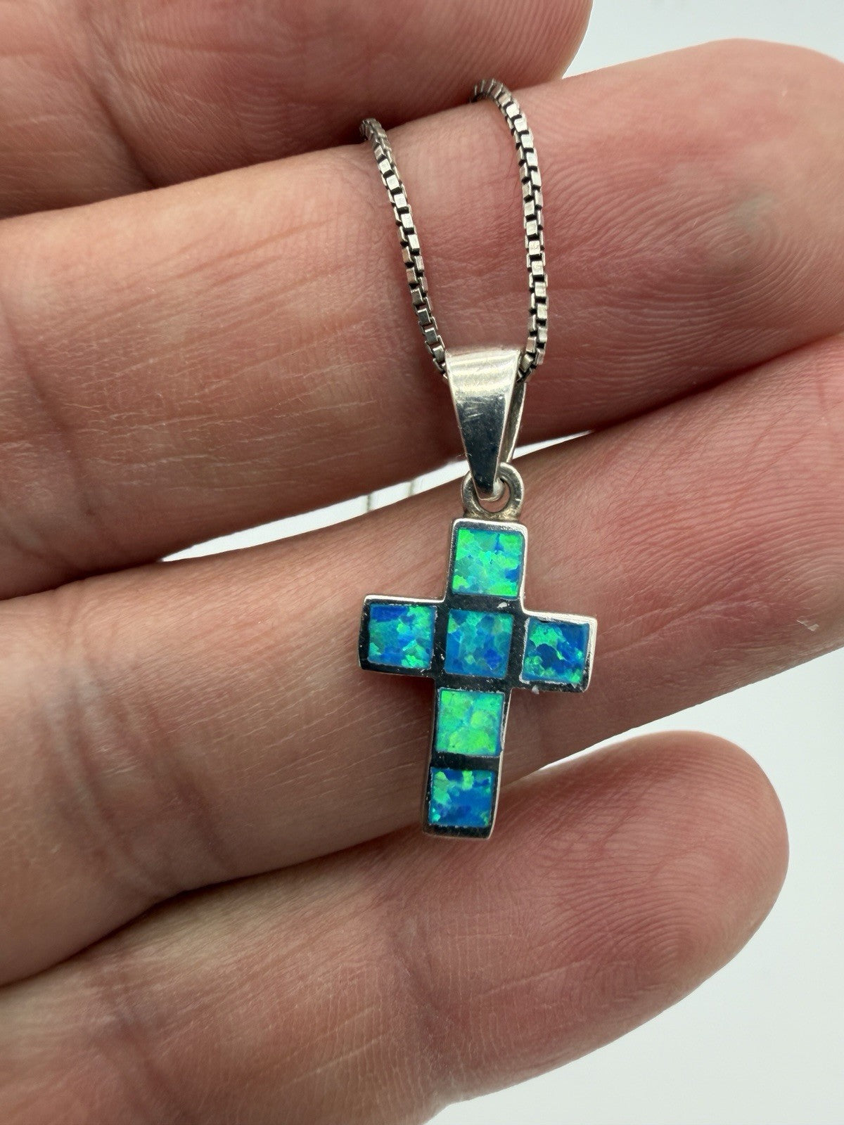 Sterling Silver 925 Sparkly Blue Fire Opal Small Cross Pendant & Necklace 21”